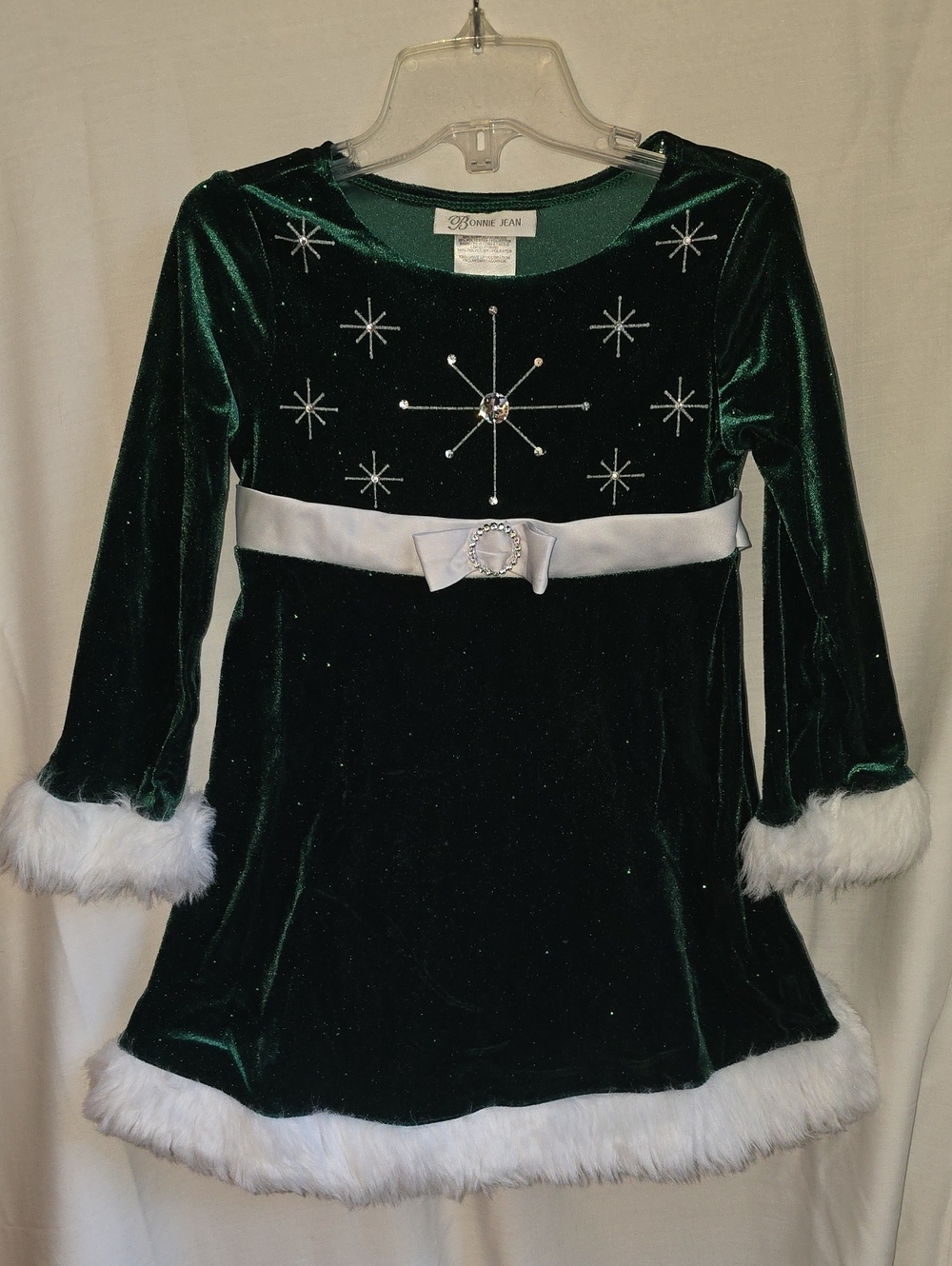 Bonnie Jean Dark Green Velvet Holiday Dress with White Trim